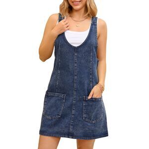 Denim Overalls Roller Romper Casual Sleeveless Pinafore Mini Dresses Blue
